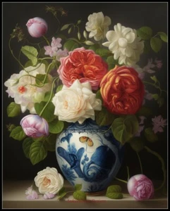 Chart Needlework DIY Counted Cross Stitch Pattern-Flowers with Asian Vase 2 - Picture 1 of 2