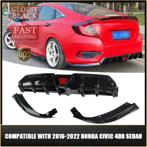 Labio difusor de parachoques trasero negro brillante + LED para Honda Civic 2016-2022 sedán de 4 puertas - Imagen 1 de 11