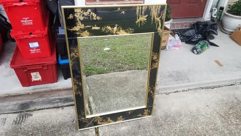 La Barge 1980s Asian Inspired Chinoiserie Eglomise Mirror Black and Gold Pickup Cover