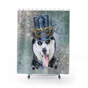 Cortina de ducha Siberiano Husky Perro Raza Acuarela Tema Steampunk EE. UU. - Imagen 1 de 4