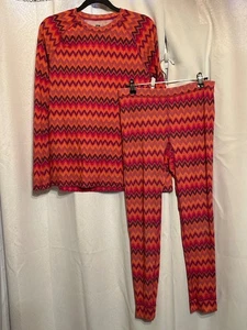 REI Kids Zigzag Long-Sleeve Top & Bottom Set Orange & Pink Lightweight Base Laye - Picture 1 of 16