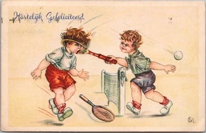 1959 NETHERLANDS / Dutch Comic Greetings Postcard TENNIS "Congratulations" - Bild 1 von 2