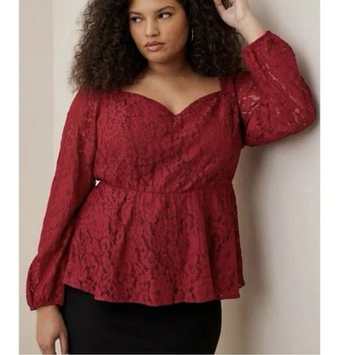 Torrid Top 2/2X Lace Peplum Puff Sleeve Red Blouse Holiday Dressy Office X-MAS - Image 1 of 4