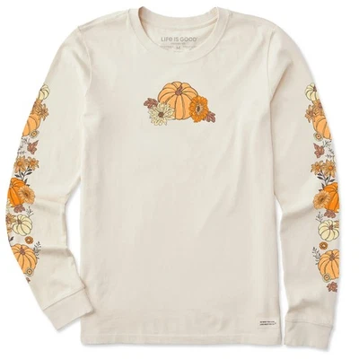 Life is Good. Women's Autumn Floral Pumpkins Long Sleeve Crusher Tee Putty White - Image 1 of 3
