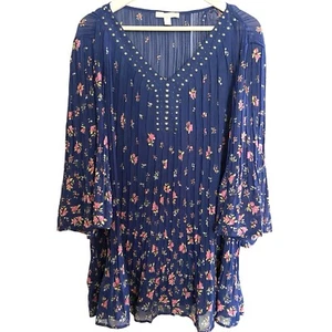 Blusa Woman Within Talla 1X Azul Floral Arrugada Tachonada Manga Campana Top Transparente - Imagen 1 de 9