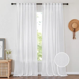 White Semi Sheer Curtains 84 Inches Long 2 Panels - Linen Texture Airy Privacy S - Picture 1 of 9