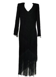 Vintage 70s Joy Stevens Fringe Dress Black Textured Flapper Midi Size 6 - Picture 1 of 13