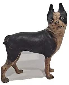 Statua scultorea vintage antica Boston Terrier Bulldog in ghisa porta stop cane - Foto 1 di 13