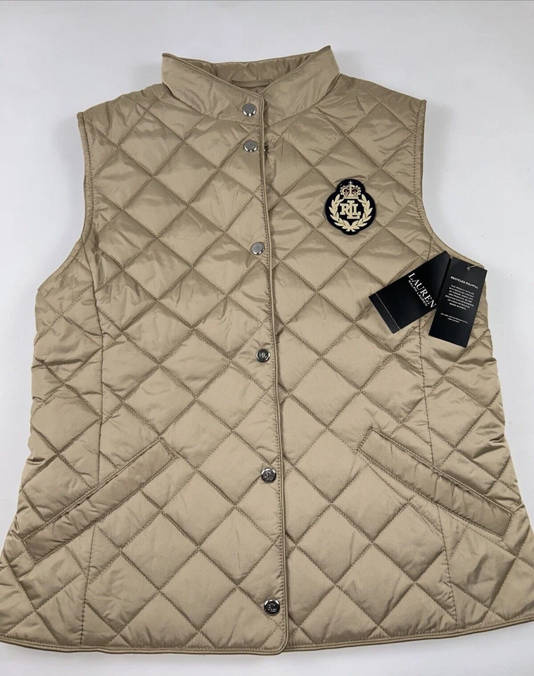 Ralph Lauren RLL L Quilted Snap Front Vest Birch Beige Crest Patch RL 84922T