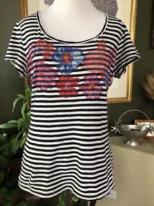 Banana Republic B/W Stripe & Floral Cap Sleeve Cotton T-Shirt Top S - Picture 1 of 5