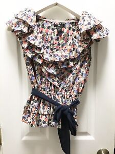 H&M Womens Size 6 Floral Off Shoulder Top Ruffle Peplum Belt Blue Pink EUR 36