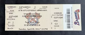 2014 Mets de Nueva York vs Atlanta Braves talón de boletos 4/8/14 ¡día de apertura! ¡Como nuevo!¡! - Imagen 1 de 1