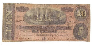 T-68 1864 Confederate States of America Ten Dollar Note No.74047 Unl. Error 5/6 - Picture 1 of 2