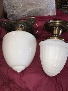 X2 Antique  Hanging Art Deco Milk Glass Ceiling Lamp Light Fixture - Picture 1 of 14