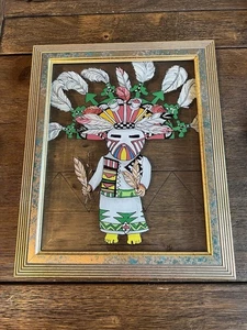 Rückseite Glas Hopi Kachina Gemälde signiert MJW Südwest Feder Kopfschmuck 8x10" - Bild 1 von 8