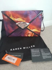 Womens Karen Millen Purple Pattern Large Clutch Bag Wrist Strap Dust Bag (2542c) - Picture 1 of 6
