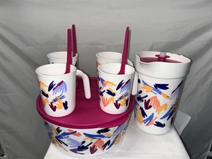 VTG Tupperware Abstract 2QT + Pitcher Set 4 Handled Cups + Bowl 9.5 Inch - Picture 1 of 13