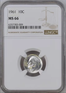 :1961-P 1OC FRANKLIN ROOSEVELT-DIME NGC NEAR-SUPERB-BU MS-66 R-3 HIGHEST-GRADES - Picture 1 of 2