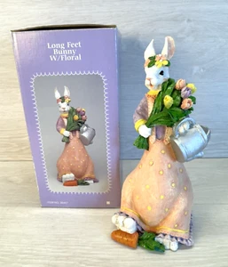 Vintage Easter Long Feet Bunny Rabbit Dress Figurine Flowers & Watering Can - Picture 1 of 16