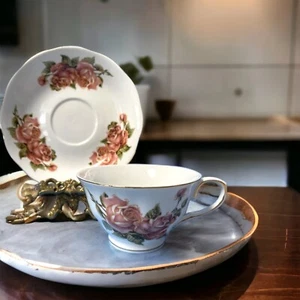Grace Teaware Pink Roses On White Tea Cup and Scalloped Saucer Gold Accent - Picture 1 of 8