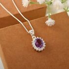Natural Amethyst & Zircon Oval Pendant Solid 925 Silver 18" Bolo Chain Necklace