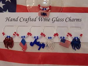 " 4TH OF JULY"/ USA HAND CRAFTED SET OF 6  WINE GLASS CHARMS PLUS 1 FREE ONE - Picture 1 of 11