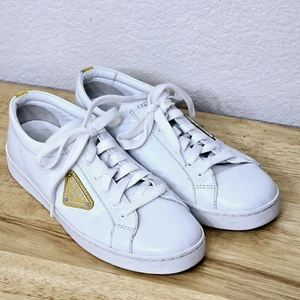 Prada Triangle Logo Downtown Sneakers Women EU 37.5 US 7 White Leather 1E941M - Picture 1 of 13