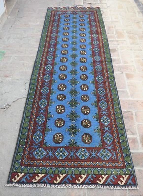 3x10 Ft Handmade Afghan Turkmen Oriental Rug Blue Persian Oushak Hallway runner - Image 1 of 4