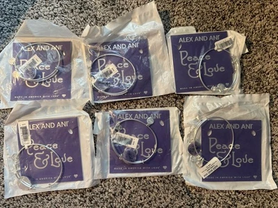 Alex And Ani Peace & Love Bracelet Lot Of Six (6) Shiny Silver Sealed $168 Value - Image 1 of 3