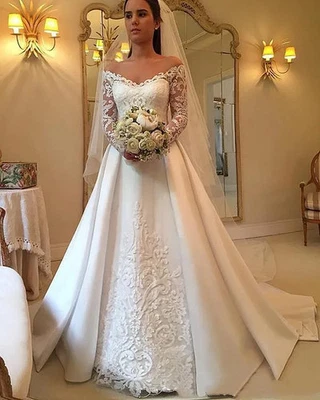 V neck Satin Wedding Dresses Long Sleeve Lace Appliques A Line Bridal Gowns - Image 1 of 4