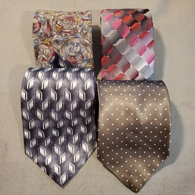 Lot Of 4 Men's Neckties, Shades Of Gray/Silver/Red Geometric & Paisley,Silk/Poly - Image 1 of 4