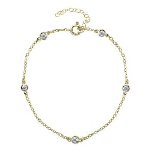 Dainty Cubic Zirconia Station Chain Anklet in Gold Plated Sterling Silver
