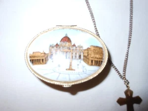 Vintage - Italienische Roma S. Pietro Porzellan Schmuckschatulle - goldfarben mit Kreuzen - Bild 1 von 6