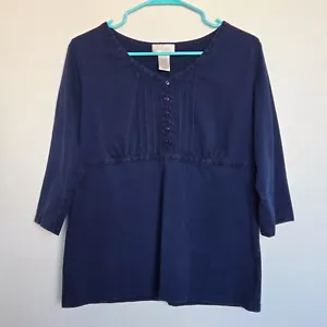 *Cute Studio Works Women’s Empire Button V-neck L Large 3/4 Sleeve Navy Blue Top - Picture 1 of 5