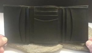 Wallet Men's Slim Black Tri Fold Genuine Leather New w/ Box 9"x 4.125" 9 slots - Picture 1 of 7