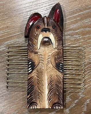 Vtg Black Forest Carved Wood Dog Tie Rack Holder Glass Eyes Wall Hanging Germany - Image 1 of 4