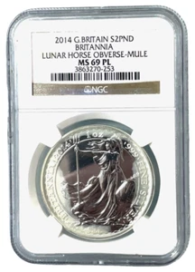 2014 NGC GB Britannia 2 Pounds MS69 PL 1oz Silver Lunar Horse Obv Mule MS-69 PL - Picture 1 of 11