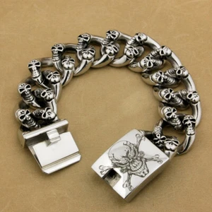 Stainless Steel Engraved Pirate Skulls Bracelet Mens Punk Jewelry 5F105D BZ - Picture 1 of 20
