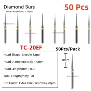 50Pcs Dental Diamond Burs for High Speed FG Needle Taper TC-20EF Extra Fine Grit - Picture 1 of 4
