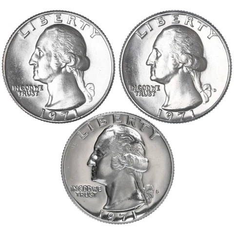 1971 P D S Washington Quarter Year Set Proof & BU US 3 Coin Lot Cover
