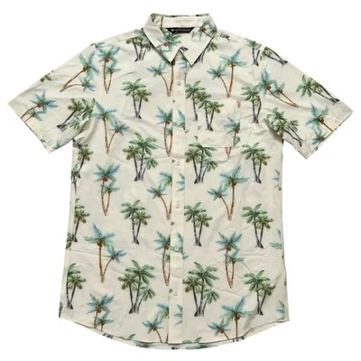 Travis Mathew Shirt Mens Size L Short Sleeve Button Palm Tree Print Beige NEW - Image 1 of 4