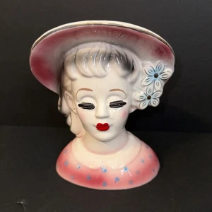 Vaso testa donna vintage 6,5 con fiori e lunghe ciglia nere bel colore - Foto 1 di 7