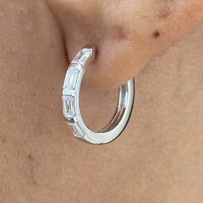 Diamond Earrings Hoop Emerald 0.84 Ct E-F VS1 Lab Created 14k White Gold - Image 1 of 4