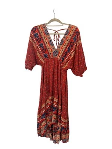 Mixed Print High Low Hem V-neck Dress Red Floral Boho Bohemian Hippie MEDIUM - Picture 1 of 8