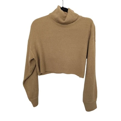 Suéter para mujer H&M pequeño recortado cuello alto manga globo marrón tostado tejido Foto 1 de 4