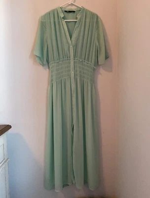 Maxi Camisa Vestido Zara Verde Como Nuevo Cuello en V Cintura Ajustada Suave Media Manga Talla L Foto 1 de 4