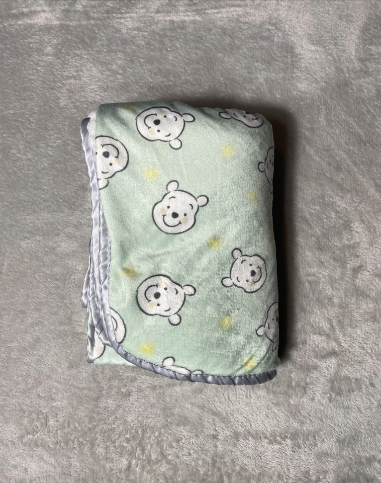 Disney Winnie the Pooh Baby Blanket Bear Head Yellow Star Mint Green Silver Trim - Image 1 of 4