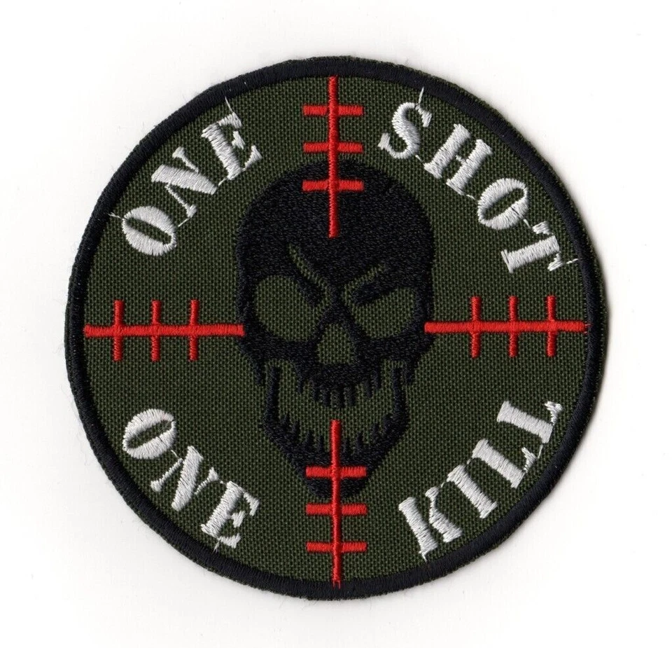Skull One Shot One Kill Patch | Sniper Rifle Scope Sight Gun Military Army Logo - Image 1 of 1