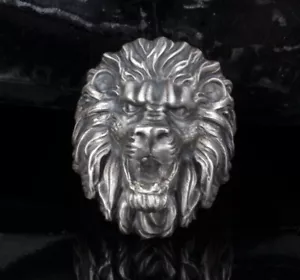 925 Sterling Silver Lion Head Ring For Men. Oxidized Silver Lion with Fancy Mane - Picture 1 of 11