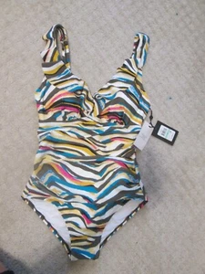 NUEVO CON ETIQUETAS DKNY Traje de baño de una pieza con volantes favorecedor traje de baño a rayas playa talla 8 - Imagen 1 de 4